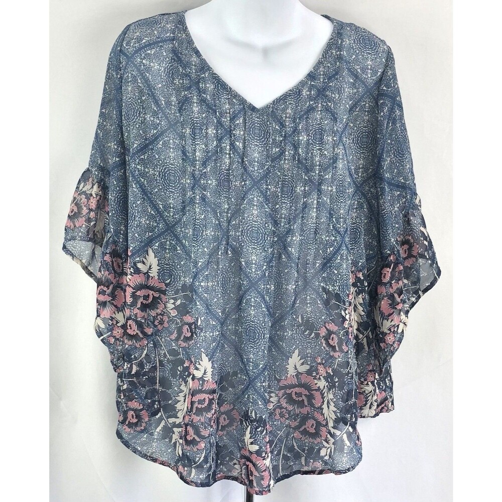 Style &Co Chiffon Flowy Top M Blue Pink Floral Pleated 1/2 Flutter Sleeve V-Neck
